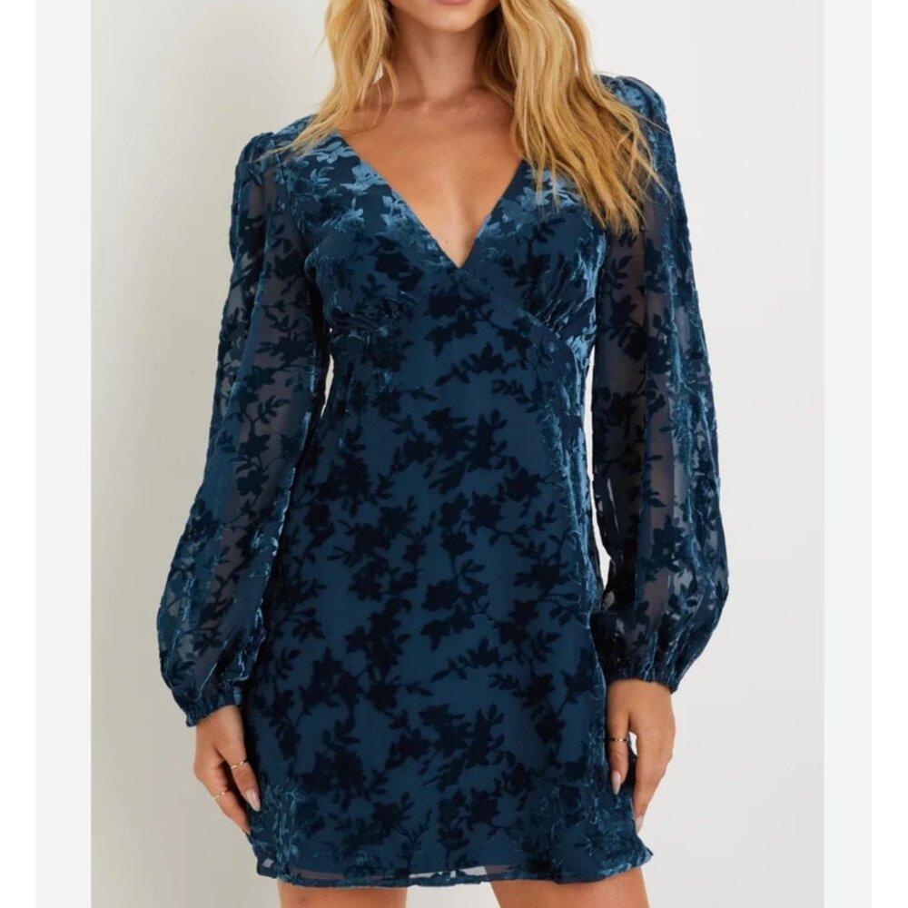 Lulu's Navy Floral Sheer Sleeve Mini Dress